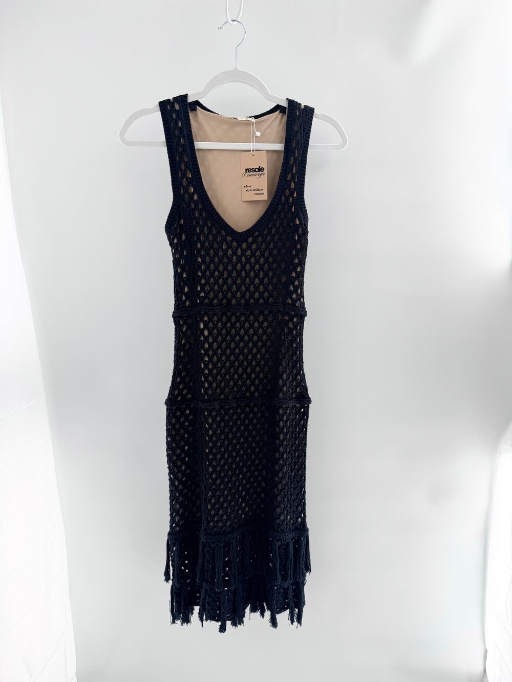 L'Agence Sleeveless Crochet Knit Bodycon Midi Dress with Fringe Black Small